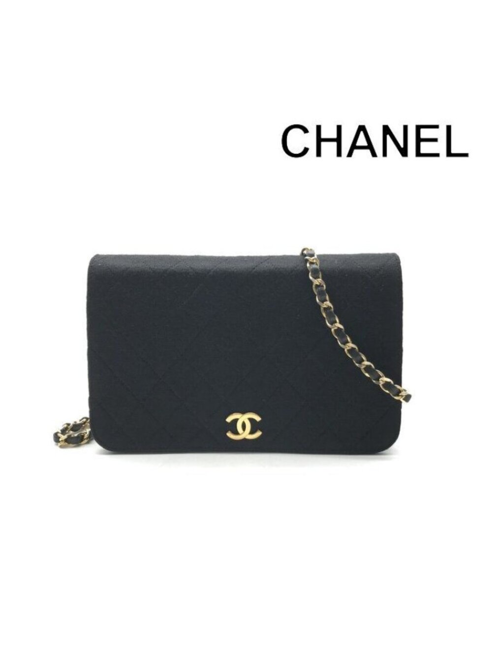 Chanel CC Logo Quilted Chain Shoulder Bag Cotton Black Push Lock